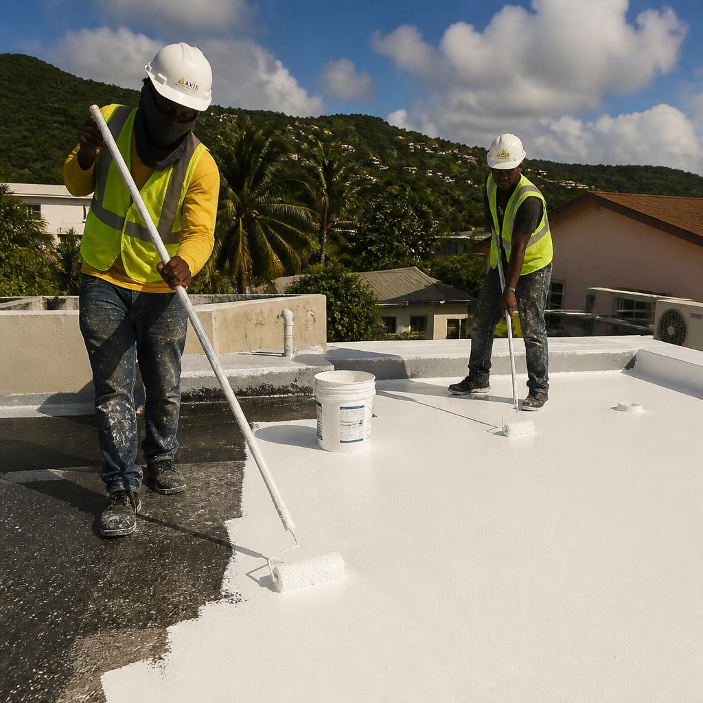 Workers applying white reflective waterproof roof coating