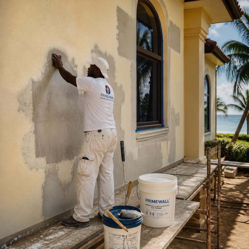 Worker sanding and priming an exterior wall before coating
